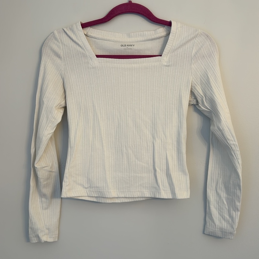 Old Navy White Ribbed Square Neck Cropped Long Sleeve Tee Size Small
